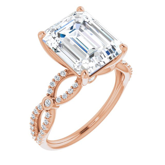 10K Rose Gold Customizable Emerald/Radiant Cut Design with Infinity-inspired Split Pavé Band and Bezel Peekaboo Accents