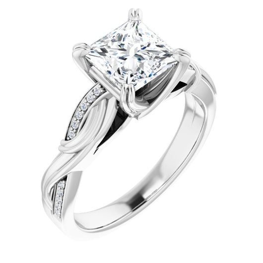 10K White Gold Customizable Cathedral-raised Princess/Square Cut Design featuring Rope-Braided Half-Pavé Band