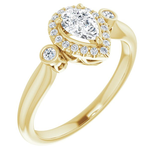 10K Yellow Gold Customizable Pear Cut Style with Halo and Twin Round Bezel Accents