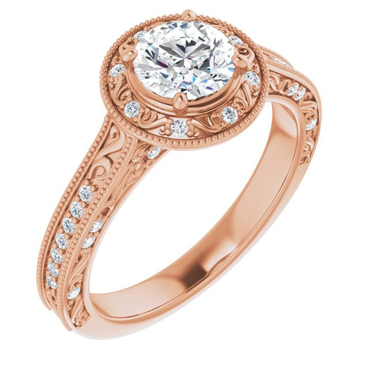 10K Rose Gold Customizable Vintage Artisan Round Cut Design with 3-Sided Filigree and Side Inlay Accent Enhancements