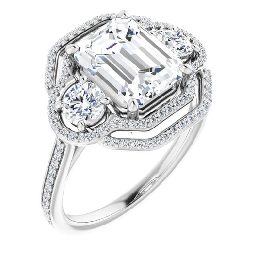 10K White Gold Customizable Enhanced 3-stone Double-Halo Style with Emerald/Radiant Cut Center and Thin Band