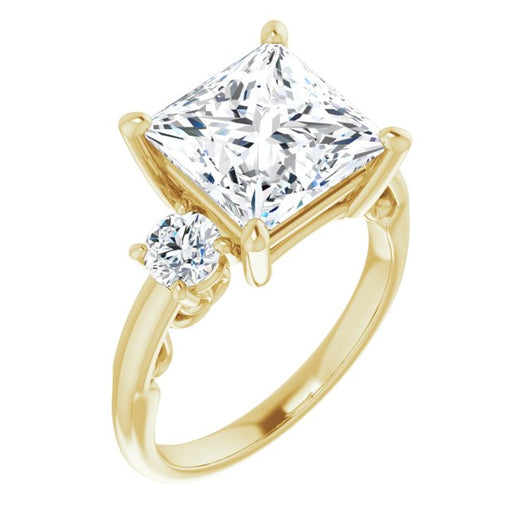 10K Yellow Gold Customizable Princess/Square Cut 3-stone Style featuring Heart-Motif Band Enhancement