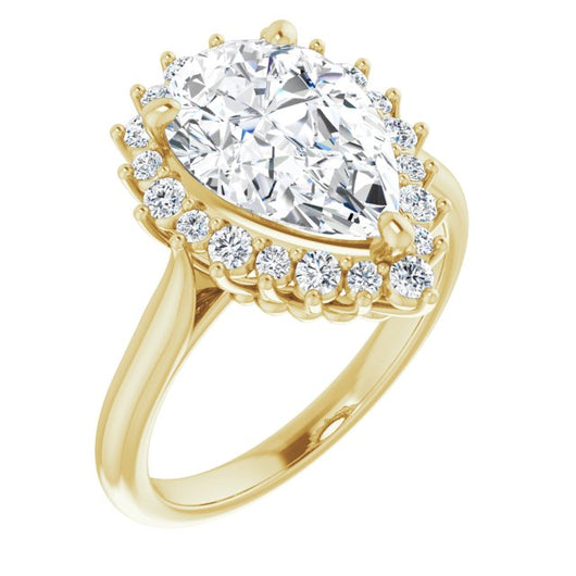 10K Yellow Gold Customizable Crown-Cathedral Pear Cut Design with Clustered Large-Accent Halo & Ultra-thin Band