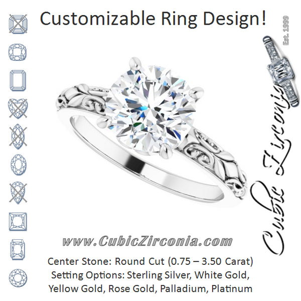 Cubic Zirconia Engagement Ring- The An Chen (Customizable Round Cut Solitaire featuring Delicate Metal Scrollwork)