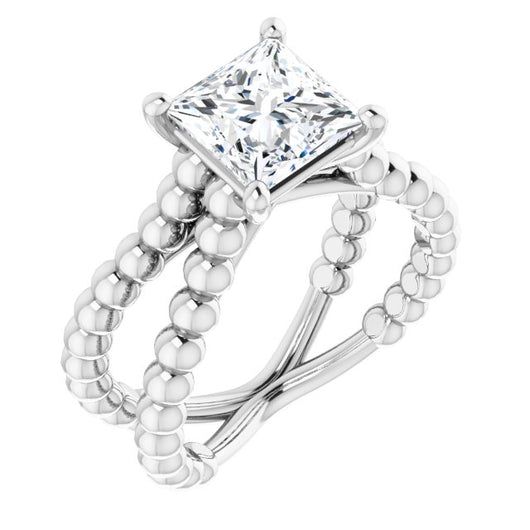 10K White Gold Customizable Princess/Square Cut Solitaire with Wide Beaded Split-Band