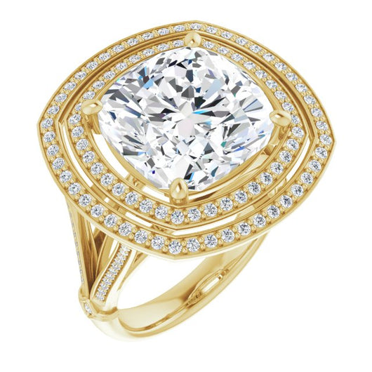 10K Yellow Gold Customizable Cathedral-set Cushion Cut Design with Double Halo, Wide Split-Shared Prong Band and Side Knuckle Accents