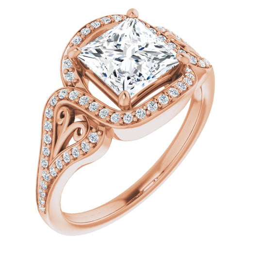 10K Rose Gold Customizable Princess/Square Cut Design with Bypass Halo and Split-Shared Prong Band