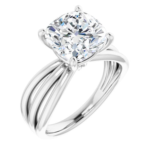 10K White Gold Customizable Cushion Cut Solitaire Design with Wide, Ribboned Split-band