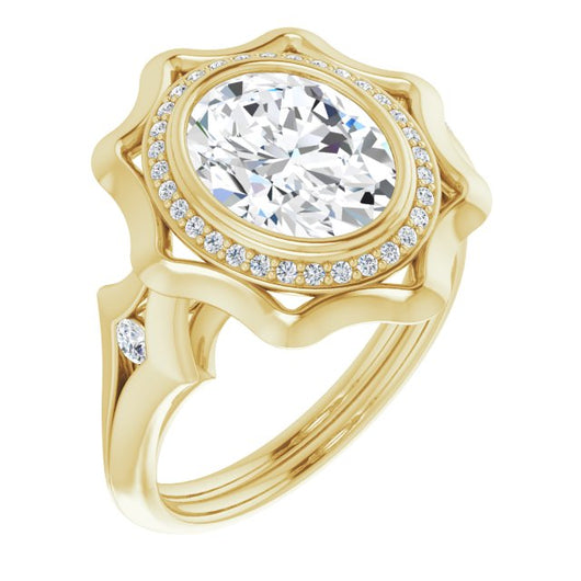 10K Yellow Gold Customizable Bezel-set Oval Cut with Halo & Oversized Floral Design