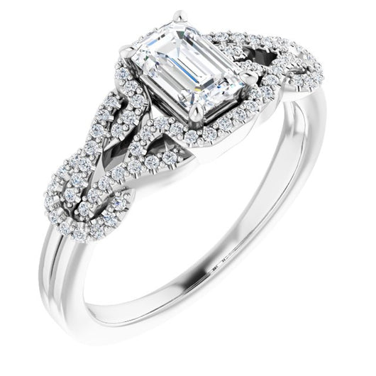 10K White Gold Customizable Emerald/Radiant Cut Design with Intricate Over-Under-Around Pavé Accented Band