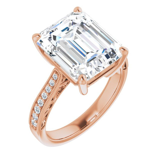 10K Rose Gold Customizable Emerald/Radiant Cut Design with Round Band Accents and Three-sided Filigree Engraving