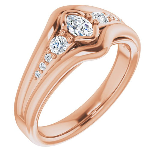 10K Rose Gold Customizable 9-stone Marquise Cut Design with Bezel Center, Wide Band and Round Prong Side Stones