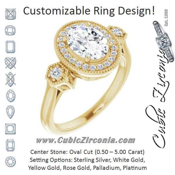 Cubic Zirconia Engagement Ring- The Pacifica (Customizable Cathedral Oval Cut Design with Halo and Delicate Milgrain)