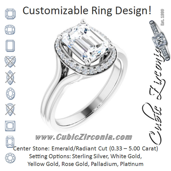 Cubic Zirconia Engagement Ring- The Ivory (Customizable Cathedral-set Radiant Cut Design with Split-band & Halo Accents)