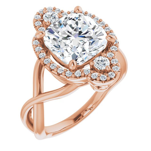 10K Rose Gold Customizable Vertical 3-stone Cushion Cut Design Enhanced with Multi-Halo Accents and Twisted Band