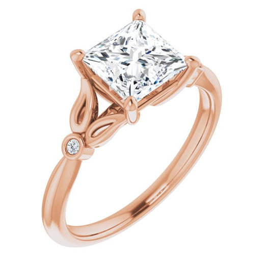 10K Rose Gold Customizable 3-stone Princess/Square Cut Design with Thin Band and Twin Round Bezel Side Stones