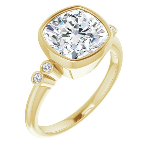 10K Yellow Gold Customizable 5-stone Bezel-set Cushion Cut Design with Quad Round-Bezel Side Stones