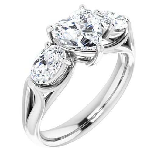 10K White Gold Customizable Cathedral-set 3-stone Heart Cut Style with Dual Oval Cut Accents & Wide Split Band