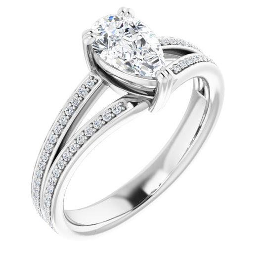 10K White Gold Customizable Pear Cut Center with 100-stone* "Waterfall" Pavé Split Band