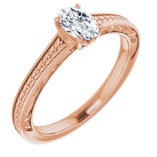 10K Rose Gold Customizable Oval Cut Solitaire with Organic Textured Band and Decorative Prong Basket