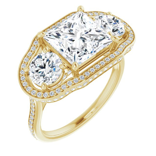 10K Yellow Gold Customizable 3-stone Princess/Square Cut Design with Multi-Halo Enhancement and 150+-stone Pavé Band