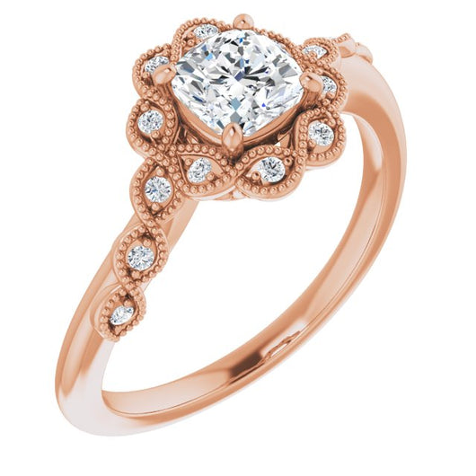 10K Rose Gold Customizable 3-stone Design with Cushion Cut Center and Halo Enhancement