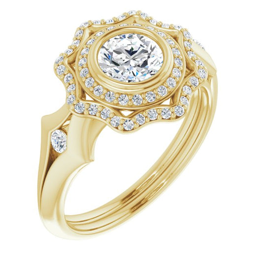 10K Yellow Gold Customizable Cathedral-bezel Round Cut Design with Floral Double Halo and Channel-Accented Split Band