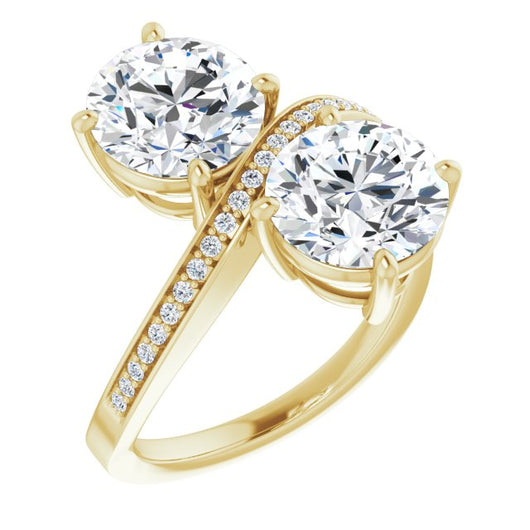 14K Yellow Gold Customizable 2-stone Round Cut Bypass Design with Thin Twisting Shared Prong Band