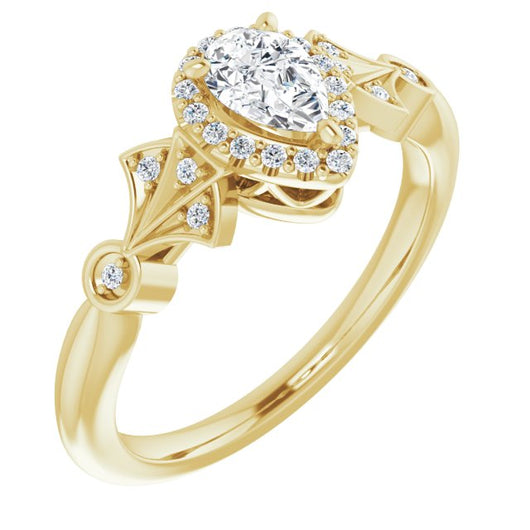 10K Yellow Gold Customizable Cathedral-Crown Pear Cut Design with Halo and Scalloped Side Stones