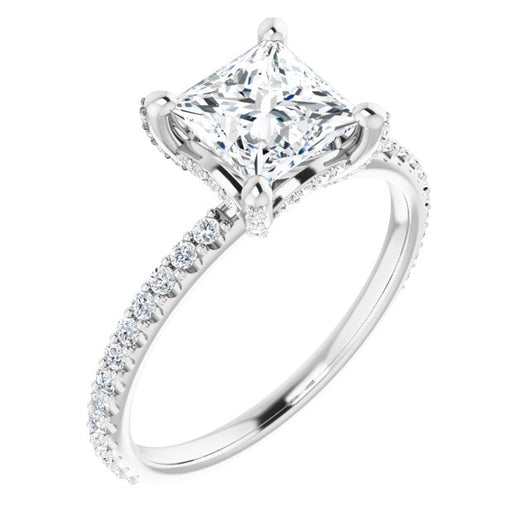 10K White Gold Customizable Princess/Square Cut Design with Round-Accented Band, Micropav? Under-Halo and Decorative Prong Accents)