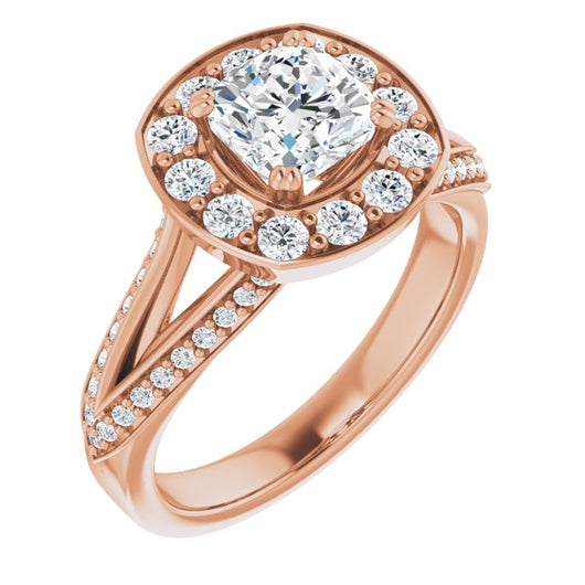 10K Rose Gold Customizable Cushion Cut Center with Large-Accented Halo and Split Shared Prong Band