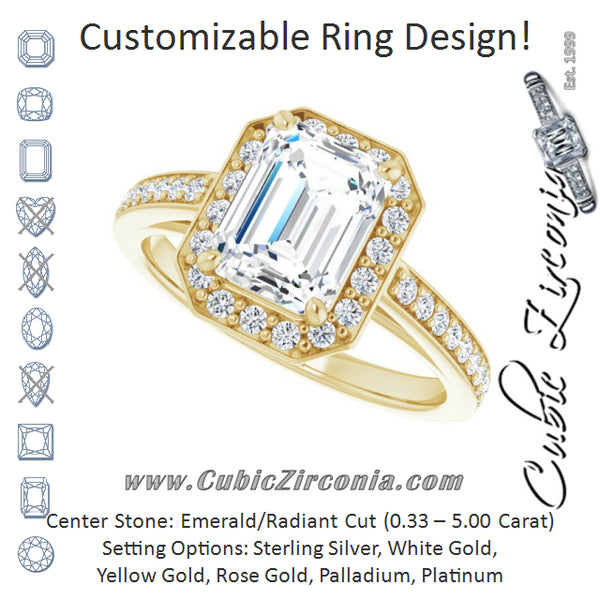 Cubic Zirconia Engagement Ring- The Farrah Michelle (Customizable Radiant Cut Style with Halo and Sculptural Trellis)