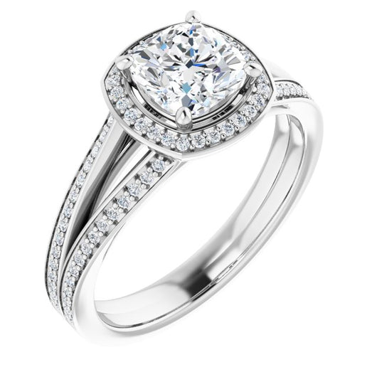 10K White Gold Customizable Cushion Cut Design with Split-Band Shared Prong & Halo