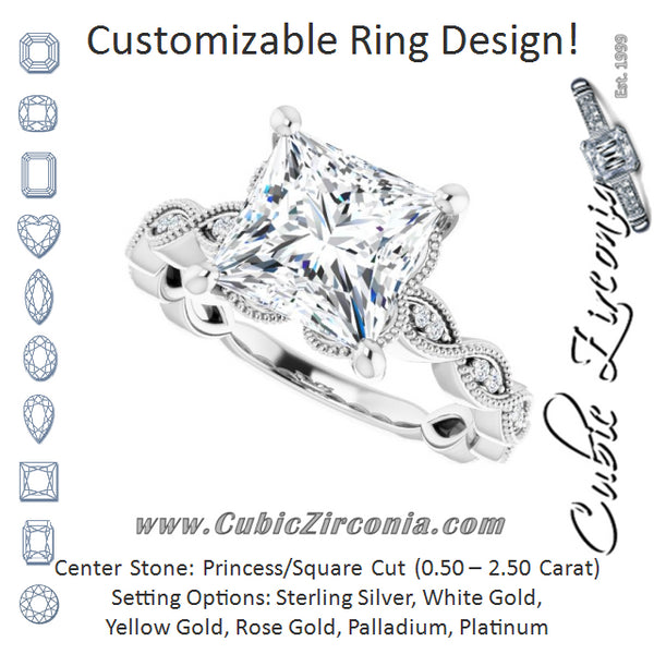 Cubic Zirconia Engagement Ring- The Shanice (Customizable Princess/Square Cut Artisan Design with Scalloped, Round-Accented Band and Milgrain Detail)