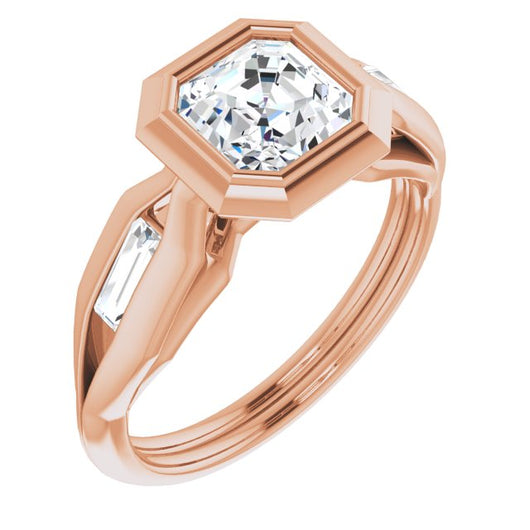 10K Rose Gold Customizable Bezel-set Asscher Cut Design with Wide Split Band & Tension-Channel Baguette Accents