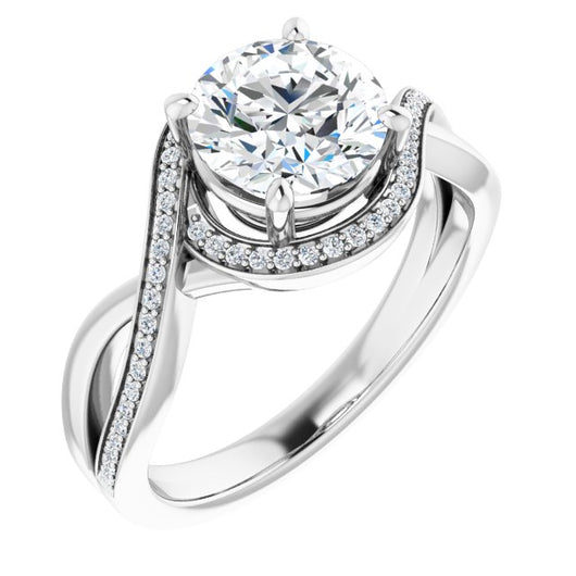 10K White Gold Customizable Bypass-Halo-Accented Round Cut Center with Twisting Split Shared Prong Band