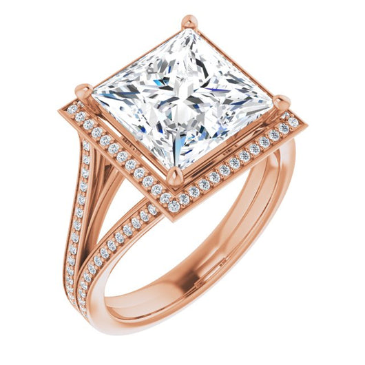 10K Rose Gold Customizable Princess/Square Cut Design with Split-Band Shared Prong & Halo