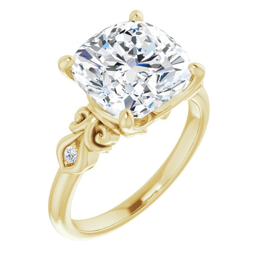 10K Yellow Gold Customizable 3-stone Cushion Cut Design with Small Round Accents and Filigree