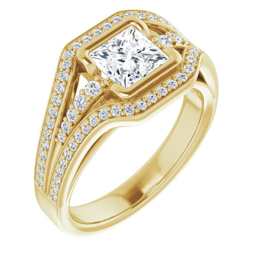 10K Yellow Gold Customizable Cathedral-Bezel Princess/Square Cut Design with Wide Triple-Split-Pavé Band