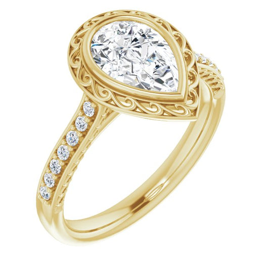 10K Yellow Gold Customizable Cathedral-Bezel Pear Cut Design featuring Accented Band with Filigree Inlay