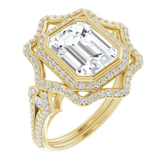 10K Yellow Gold Customizable Emerald/Radiant Cut Style with Ultra-wide Pavé Split-Band and Nature-Inspired Double Halo