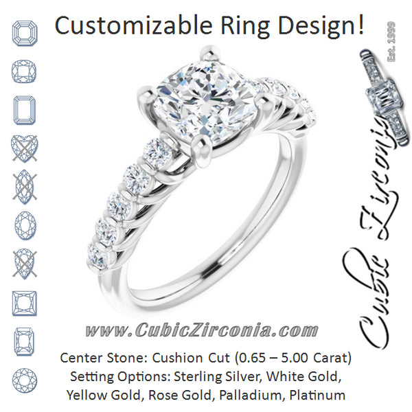 Cubic Zirconia Engagement Ring- The Alaia (Customizable Cushion Cut Style with Round Bar-set Accents)