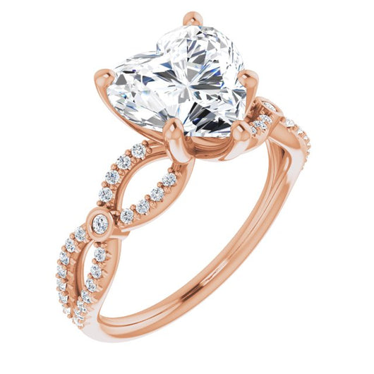 10K Rose Gold Customizable Heart Cut Design with Infinity-inspired Split Pavé Band and Bezel Peekaboo Accents