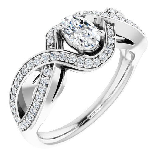 10K White Gold Customizable Oval Cut Design with Twisting, Infinity-Shared Prong Split Band and Bypass Semi-Halo