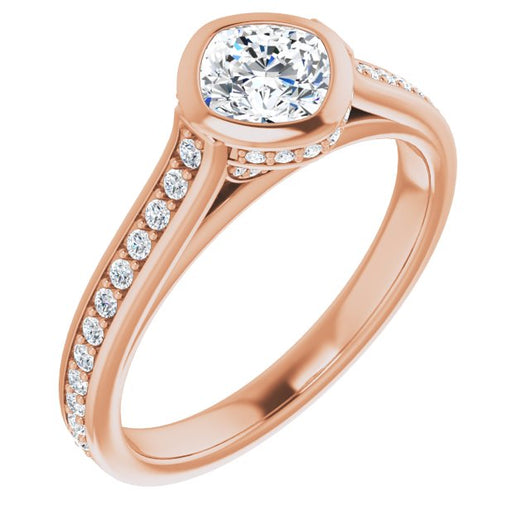 10K Rose Gold Customizable Cathedral-Bezel Cushion Cut Design with Under Halo and Shared Prong Band