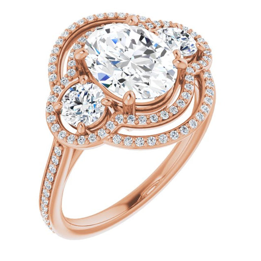 10K Rose Gold Customizable Enhanced 3-stone Double-Halo Style with Oval Cut Center and Thin Band