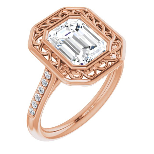 10K Rose Gold Customizable Cathedral-Bezel Emerald/Radiant Cut Design with Floral Filigree and Thin Shared Prong Band