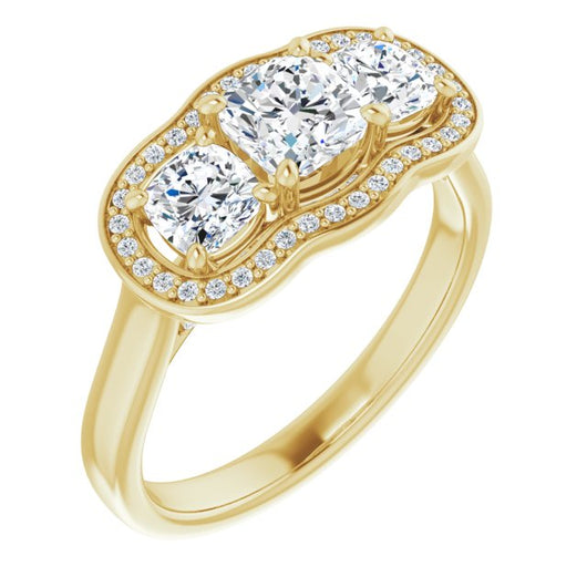 10K Yellow Gold Customizable 3-stone Design with Cushion Cut Center, Cushion Side Stones, Triple Halo and Bridge Under-halo