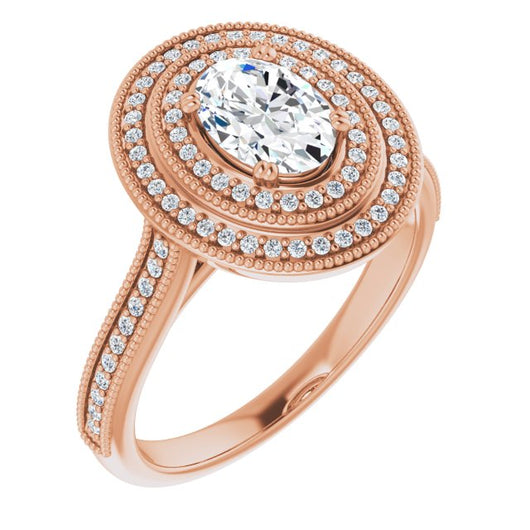 10K Rose Gold Customizable Oval Cut Design with Elegant Double Halo, Houndstooth Milgrain and Band-Channel Accents