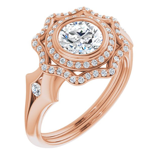 10K Rose Gold Customizable Cathedral-bezel Round Cut Design with Floral Double Halo and Channel-Accented Split Band